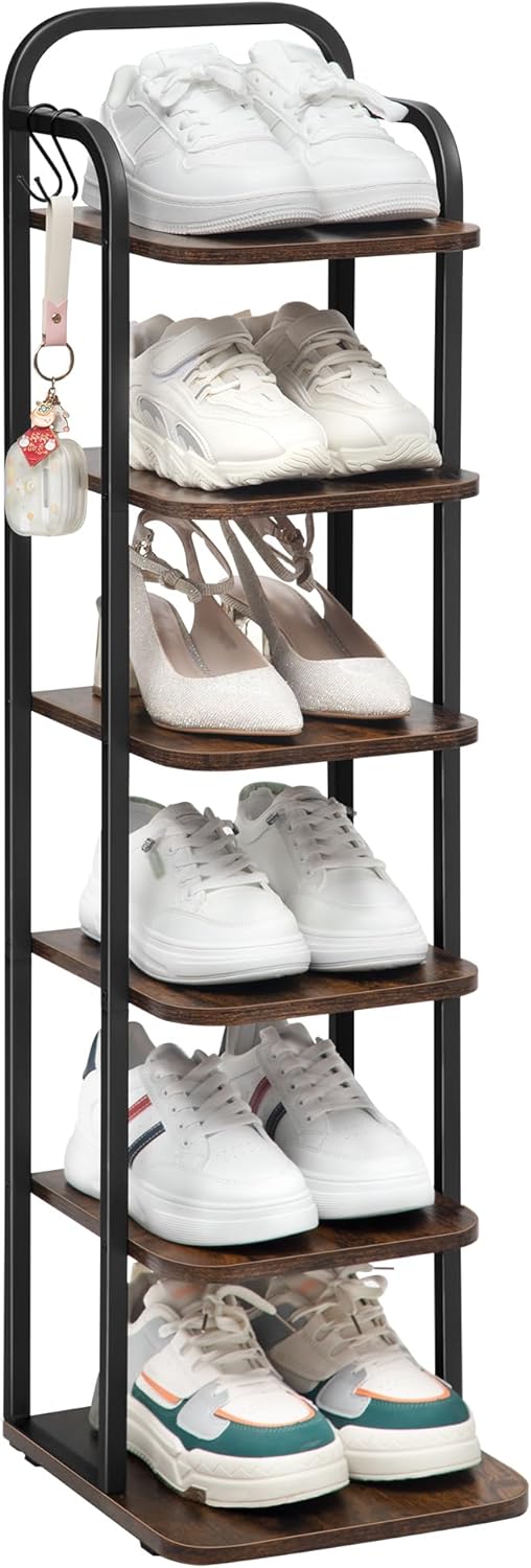 Pionowy Regał Na Buty, 6-Poziomowy Regał Na Buty, Drewniany Organizer Na Buty,Wieży Na Buty Do Małych Pomieszczeń, Rustykalny Brązowy I Czarny
