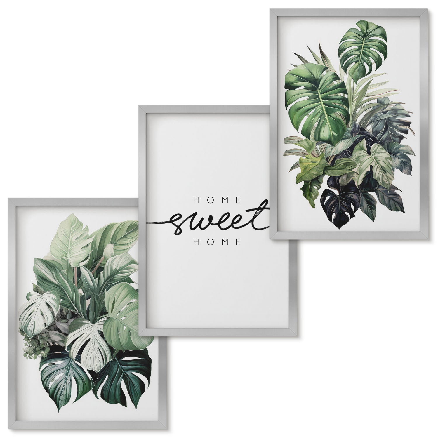 Zestaw obrazów w ramie - 3 części | Rośliny w zieleni z napisem Sweet Home | Srebrna ramka