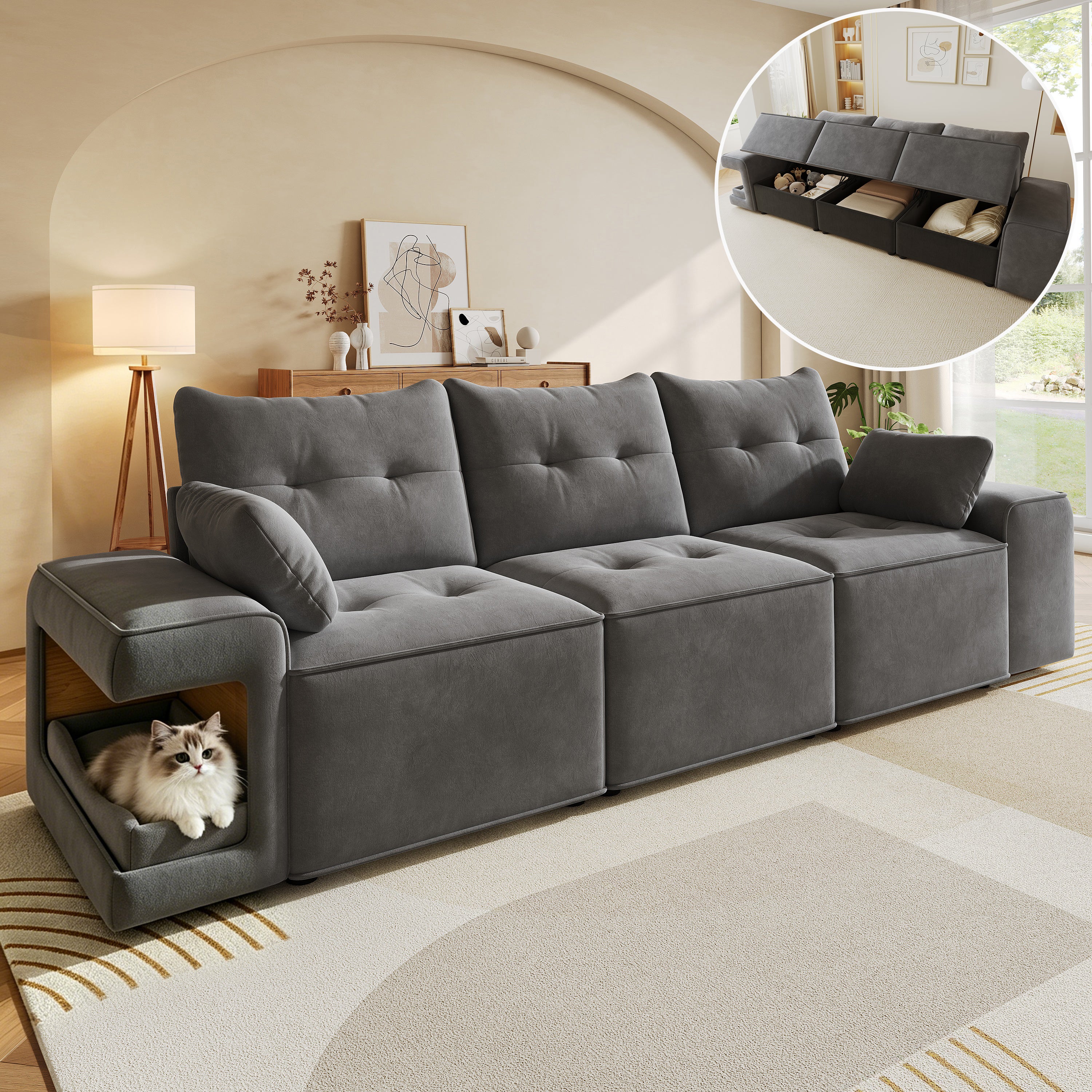 Sofa modułowa 3-osobowa z wnękami dla zwierząt - 229,5 x 78 x 84 cm - lite drewno, pianka i aksamit - 2 poduszki - szary