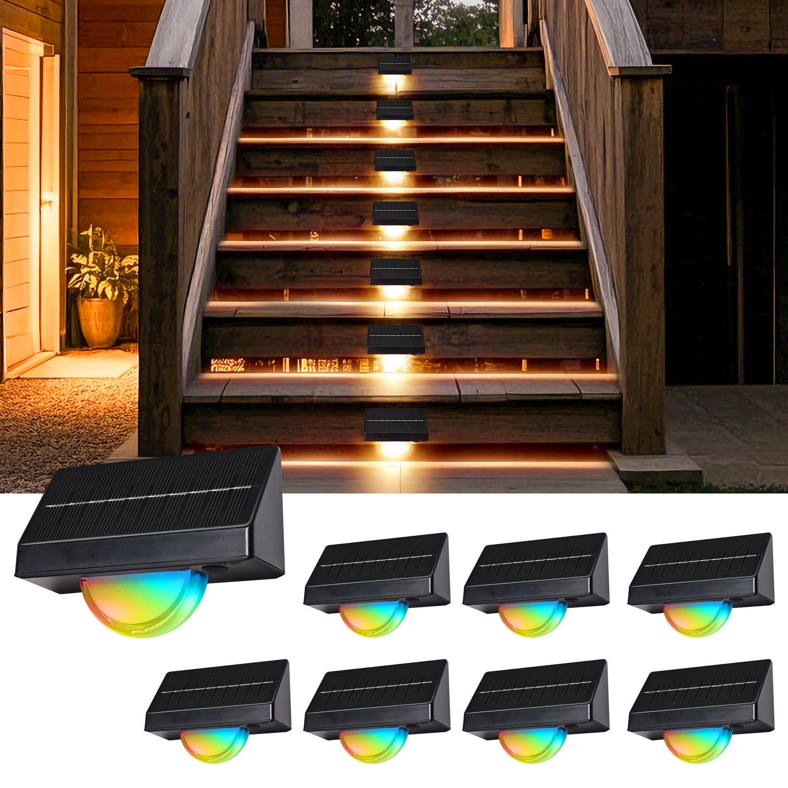 Zestaw 6 zewnętrznych solarnych lamp schodowych, wodoodpornych IP65, wiele trybów kolorów, idealne do schodów ogrodowych