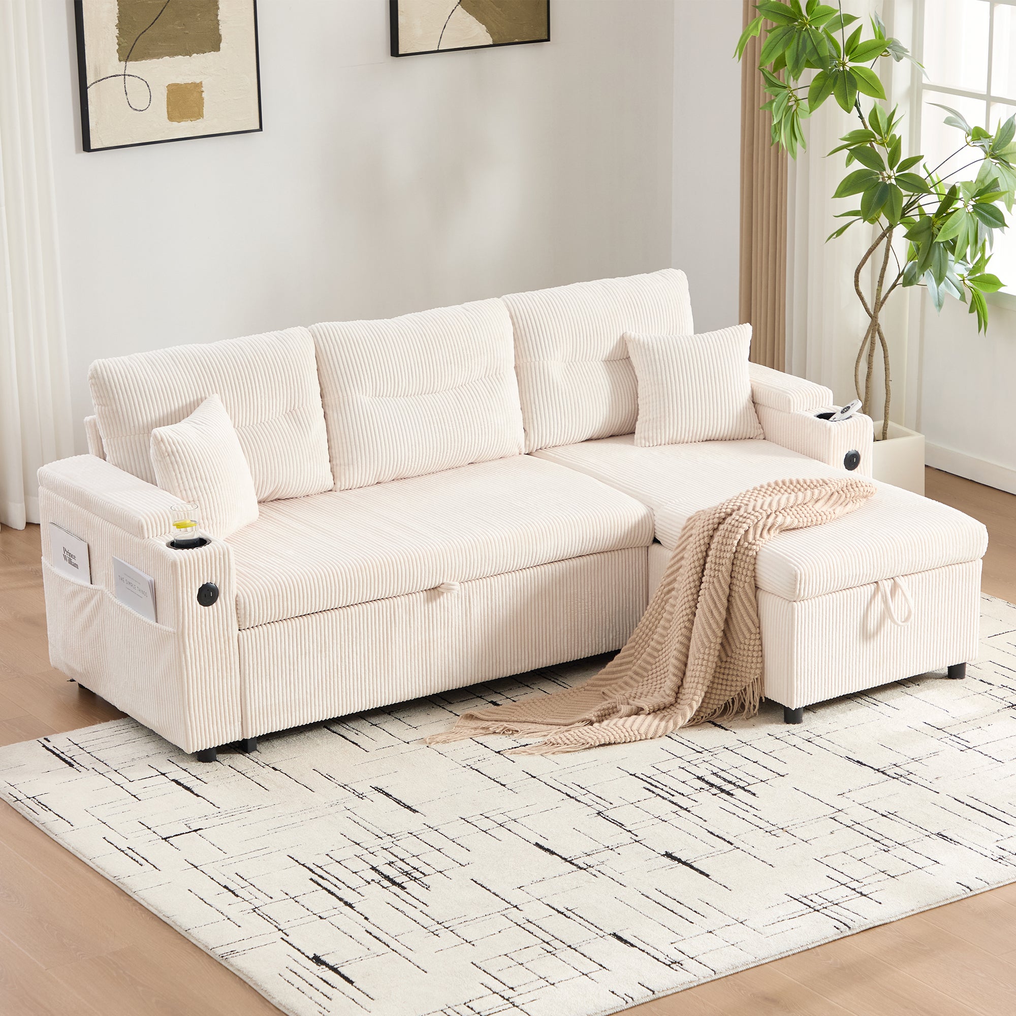 Sztruksowa sofa 3-osobowa ze schowkiem, uchwytami na kubki, łóżkiem z szufladą i portem USB-C do salonu