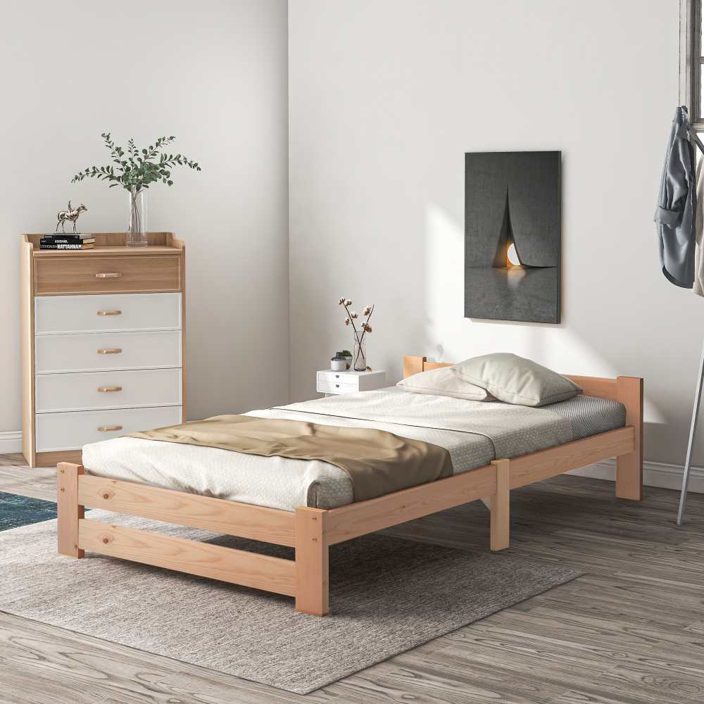 Łóżko futon z litego drewna 200x90 cm w naturalnym wykończeniu z zagłówkiem i stelażem z listew, stabilne i wygodne