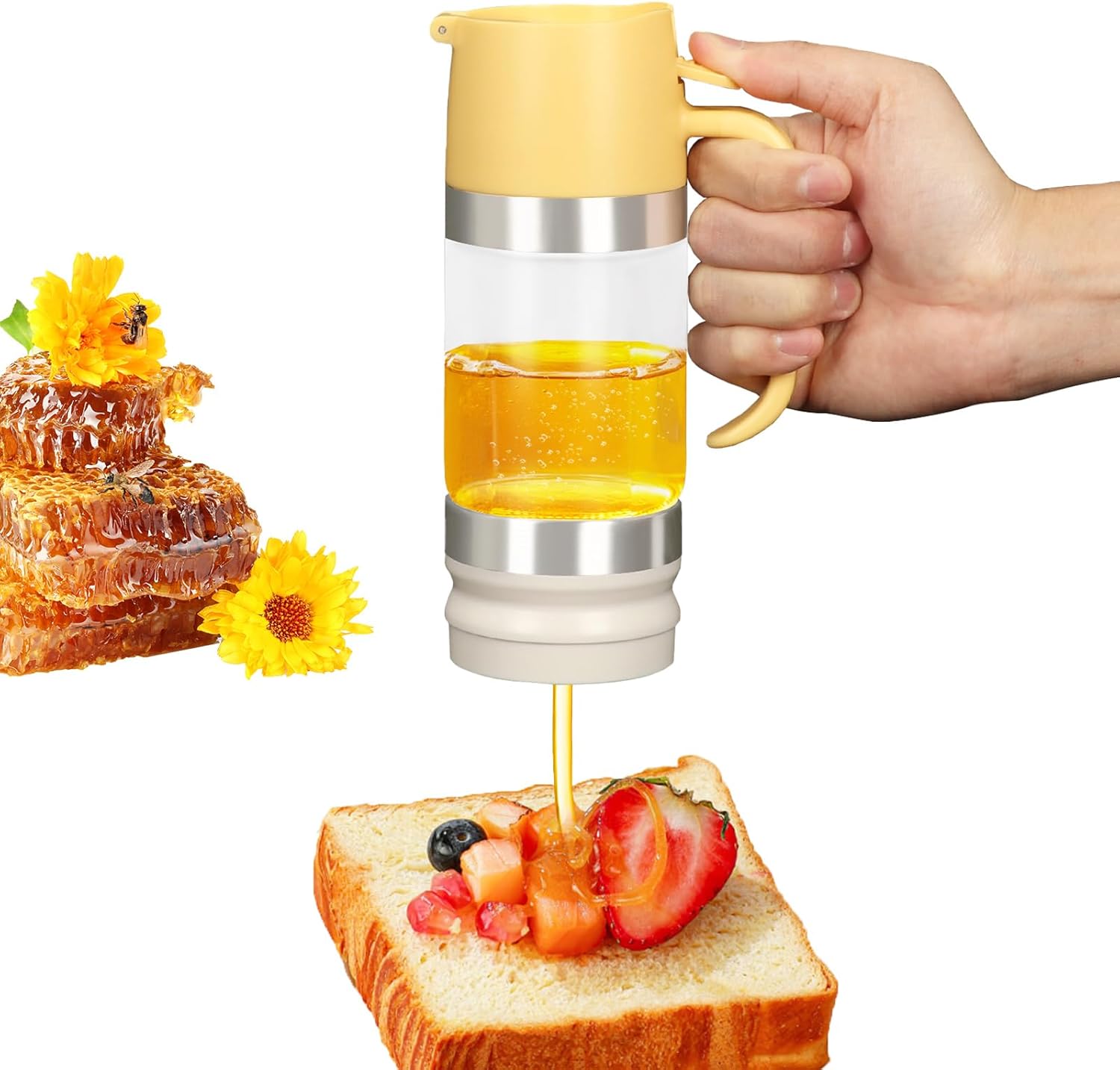 Szklany słoik na miód, dozownik miodu o pojemności 300 ml ze zdejmowanymi pokrywkami, odpowiedni również do syropów, cukru, sosu sojowego, składników