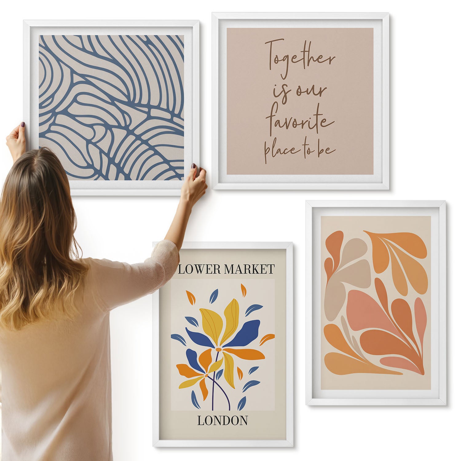 Galeria ścienna 4-częściowy komplet obrazów w białych ramach - Kwiaty w stylu nowoczesnym z abstrakcyjnymi wzorami - ArtPrintCave