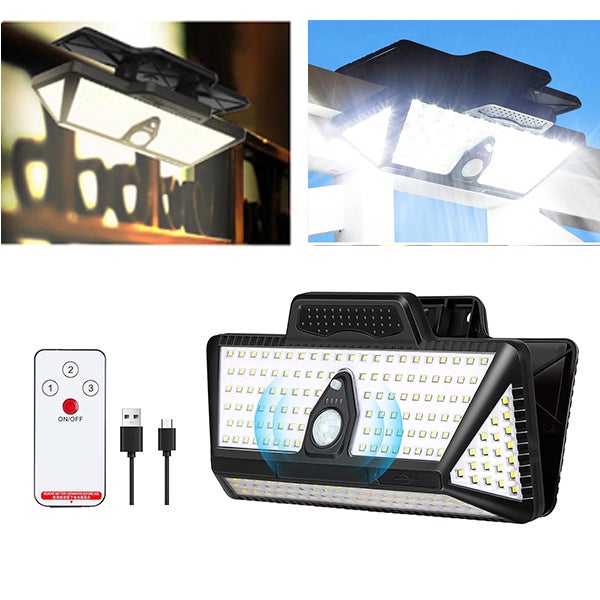 Solarna lampa ze czujnikiem na słupku 6000mA, lampka clip z 208 diodami LED, wodoodporny projektor solarny (3 kolory światła)
