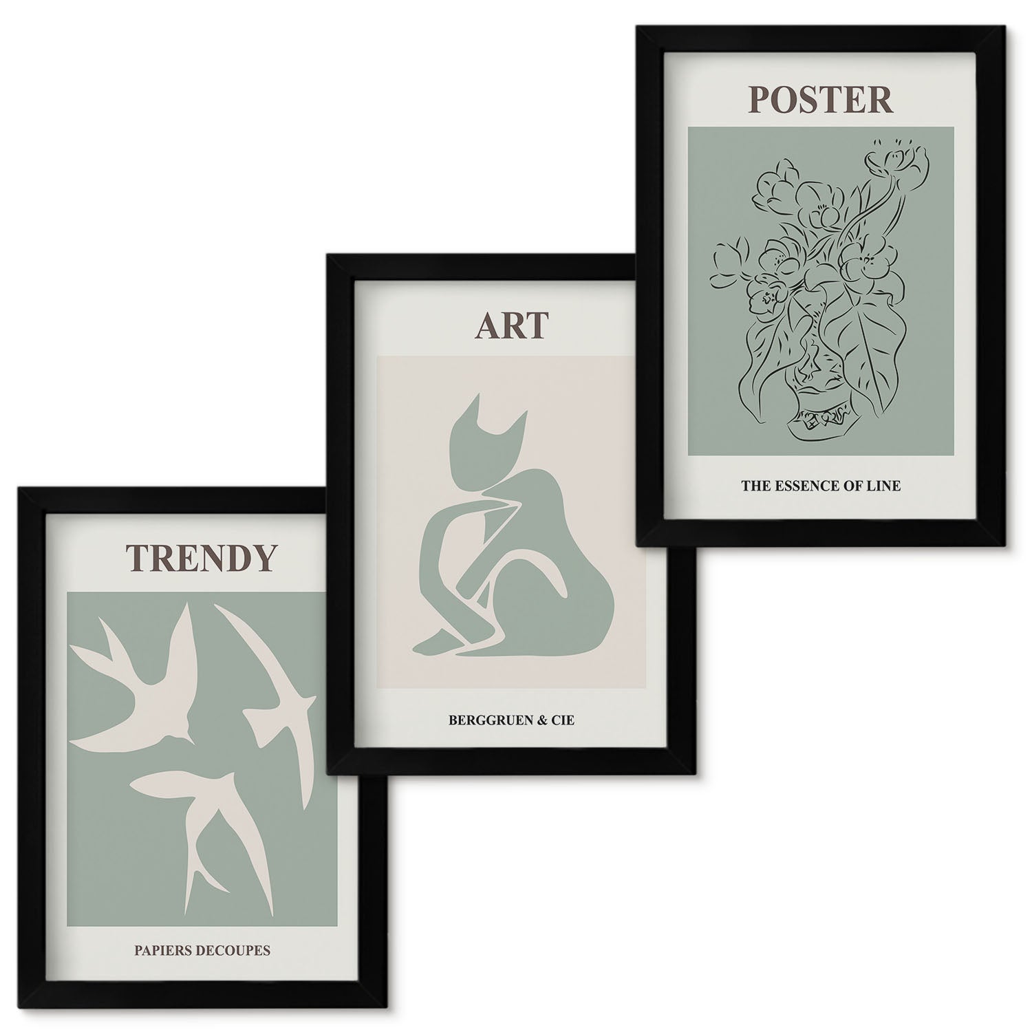 Zestaw obrazów w ramie - 3 części | Stylowe ilustracje Henri Matisse | Czarna ramka