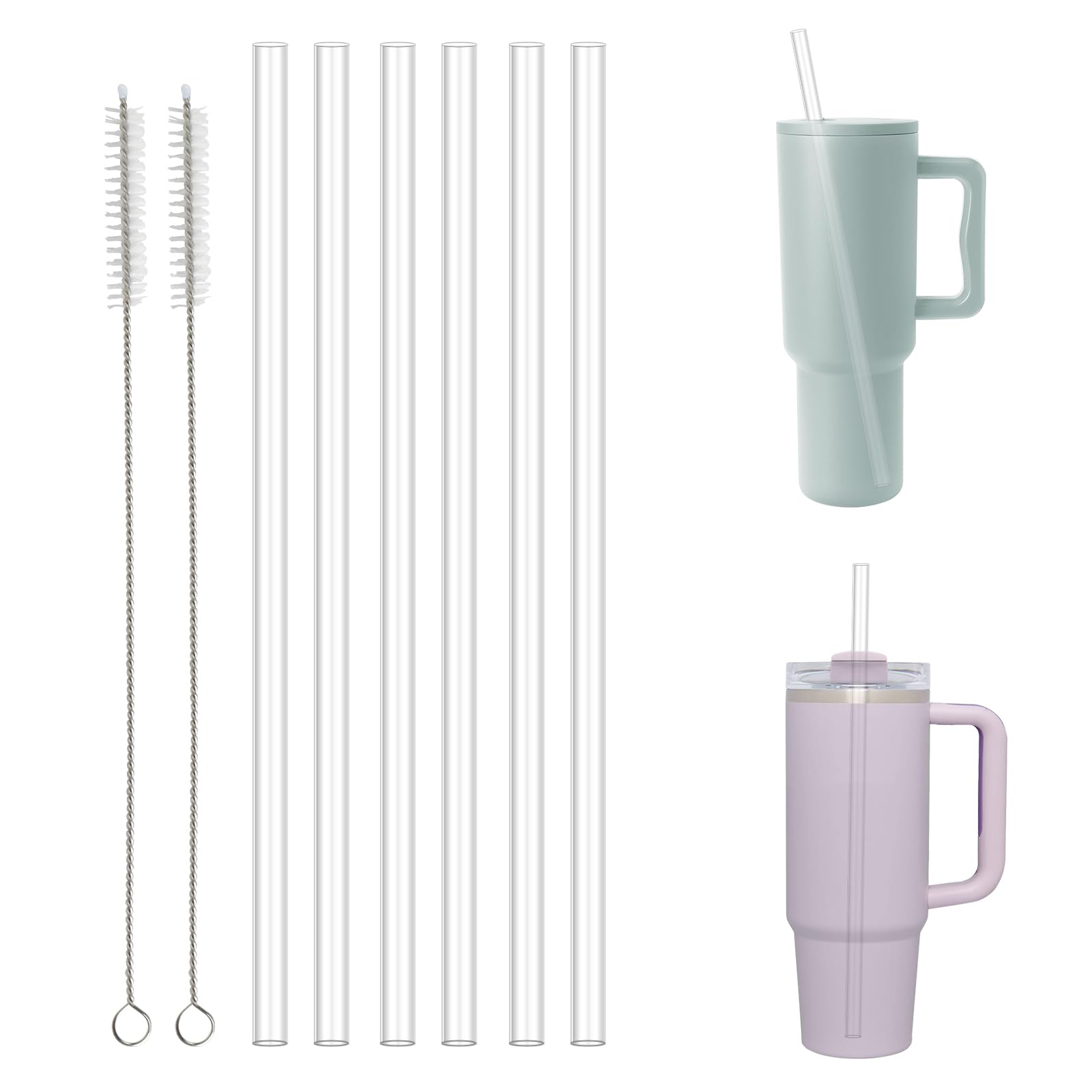 Zestaw 6 wielokrotnego użytku plastikowych słomek o pojemności 1,2 l, kompatybilnych z kubkiem Stanley, wraz z 2 szczoteczkami do czyszczenia.