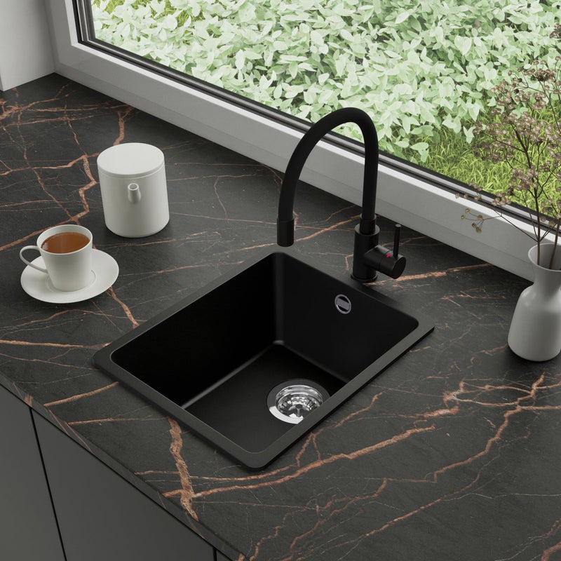 Zlewozmywak Granitowy 36x44cm, do szafki od 40cm + Bateria + Syfon - Garnet Czarny STONESTYLE