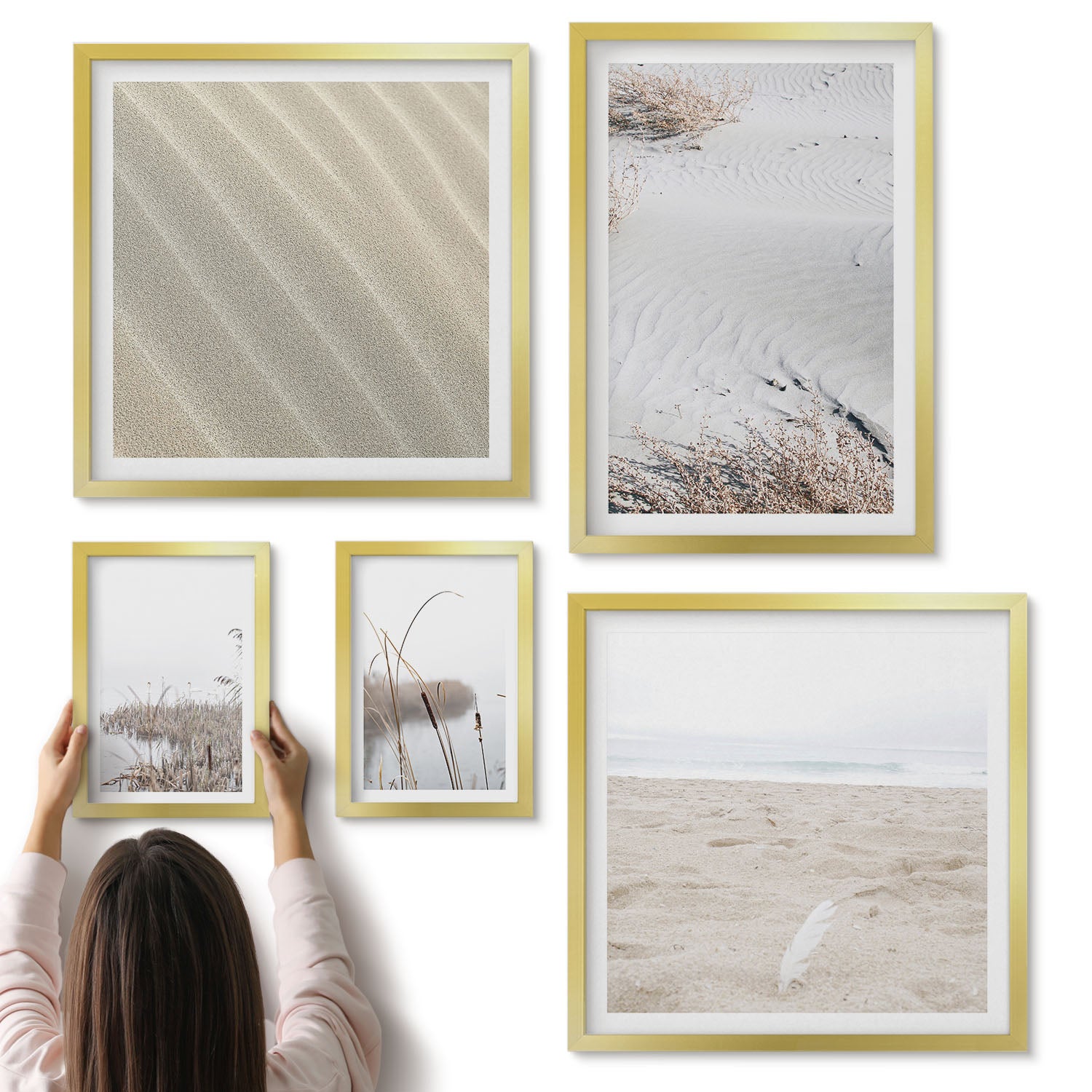 Galeria ścienna 5-częściowy komplet obrazów w złotych ramach - Minimalistyczne motywy natury plażowej i piasku - ArtPrintCave