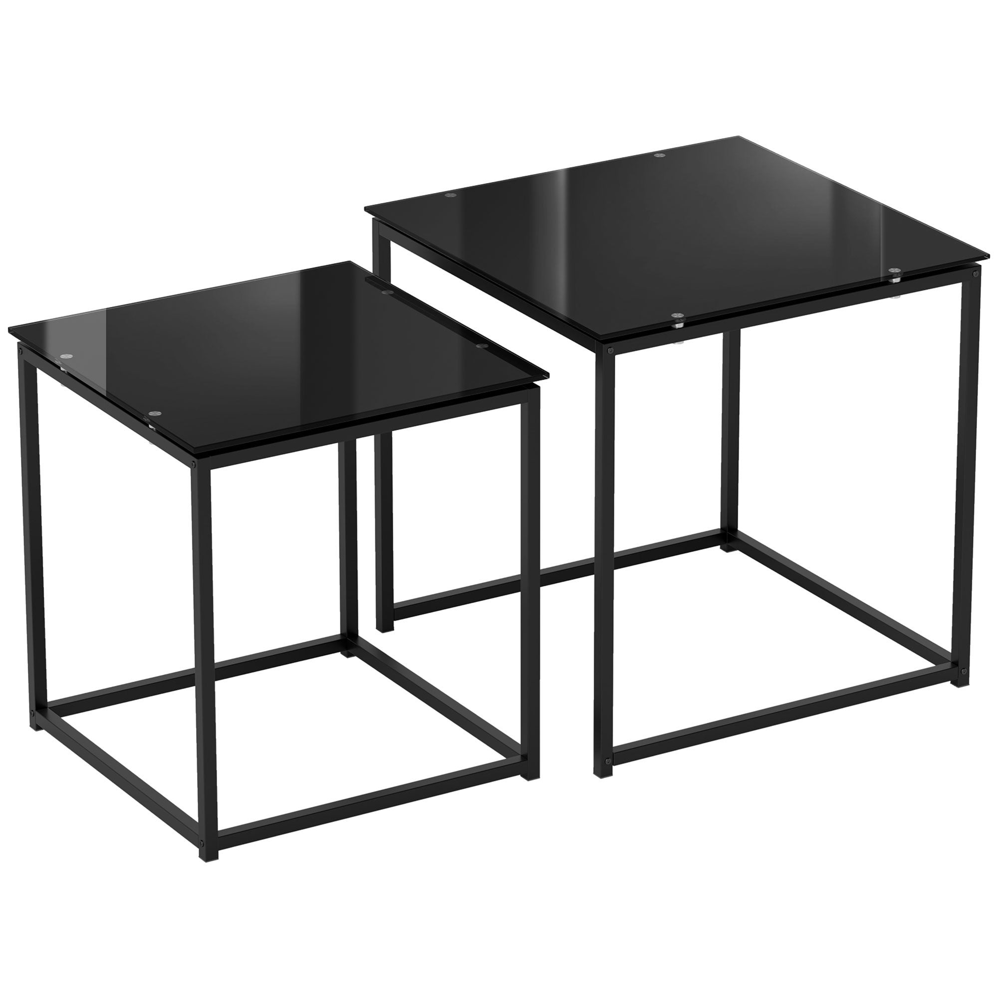 Zestaw 2 stolików bocznych Zestaw stolików kawowych Stolik kawowy ze szklanym blatem Kwadratowy stolik sofa wykonany z czarnej stali do salonu