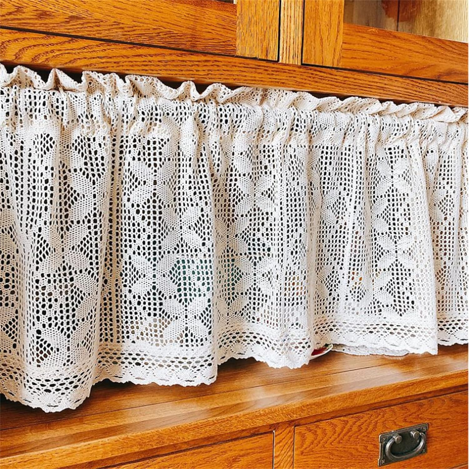Krótka zasłona do kawiarni, styl rustykalny, haft kwiatowy, zasłona do bistro w stylu vintage z koronką szydełkową, szer. 90 x wys. 45 cm