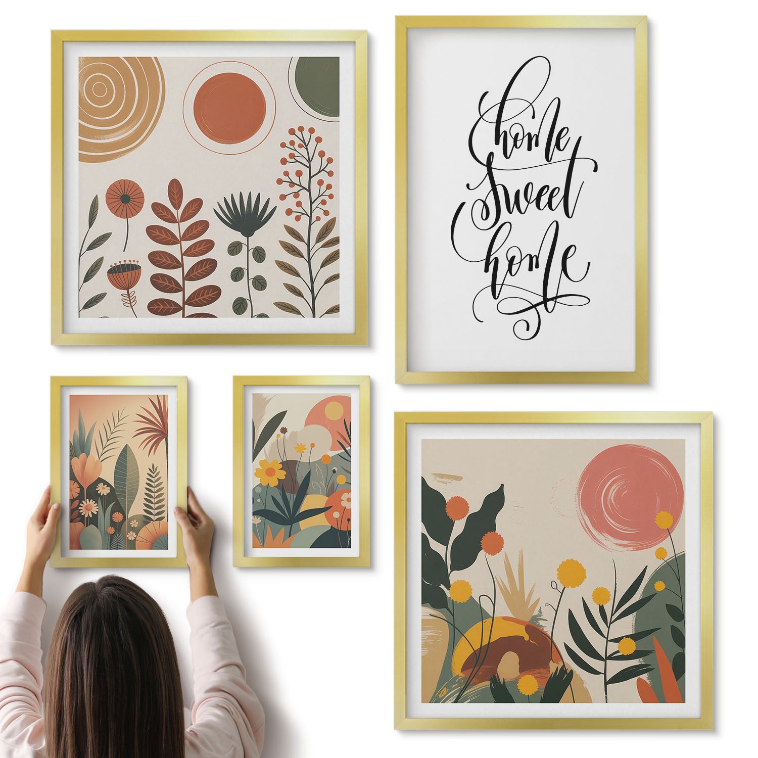 Galeria ścienna 5-częściowy komplet obrazów w złotych ramach - Stylowe dekoracje z motywami roślinnymi i napisem - ArtPrintCave
