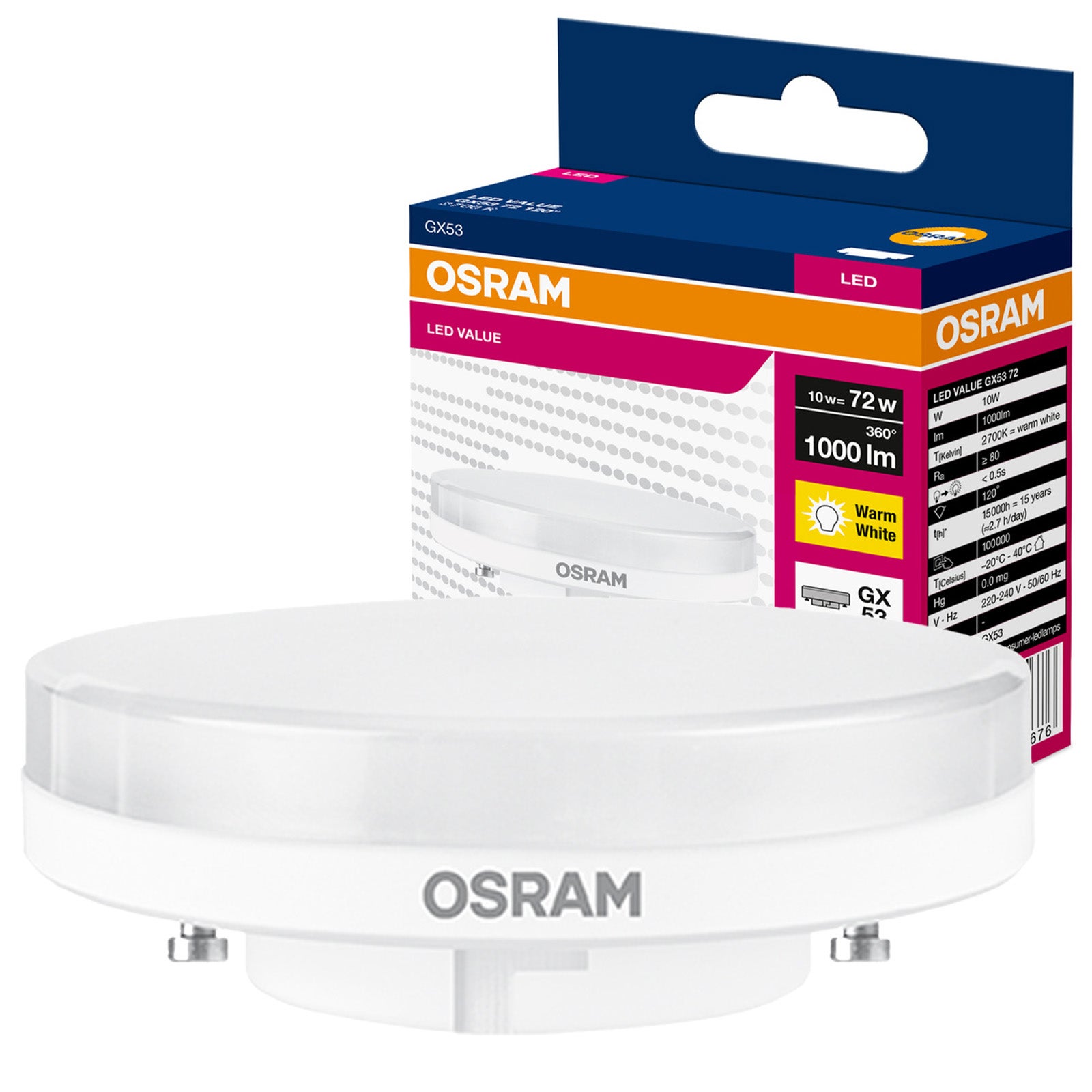 Żarówka LED GX53 Reflektor 10W 1000lm 2700K Ciepła Biel 120st VALUE Osram