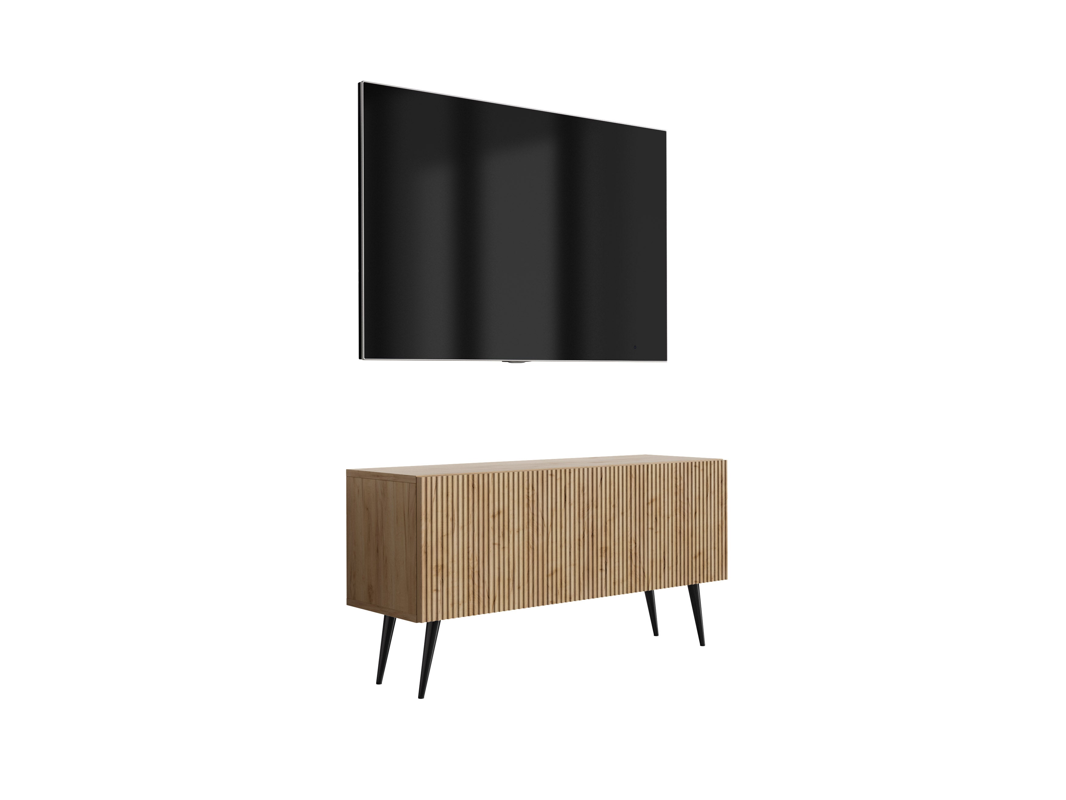 Szafka pod telewizor z ryflowanym frontem 100, Dąb Craft, nóżki pochyłe czarne, 100 × 32 × 52 cm
