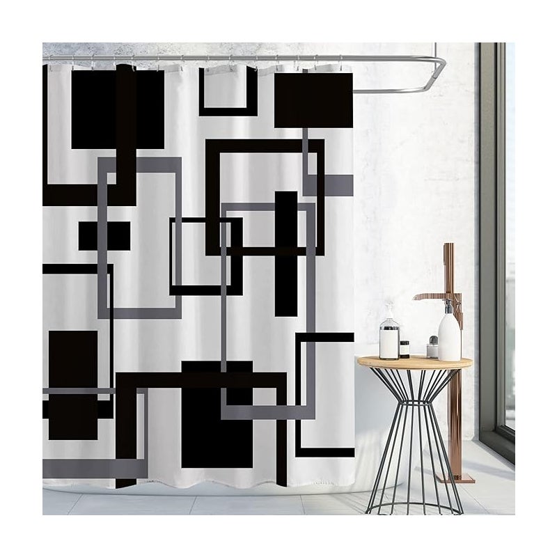 Czarno-szara geometryczna zasłona prysznicowa z tkaniny, wodoodporna minimalistyczna abstrakcyjna nowoczesna zasłona prysznicowa w stylu połowy wieku