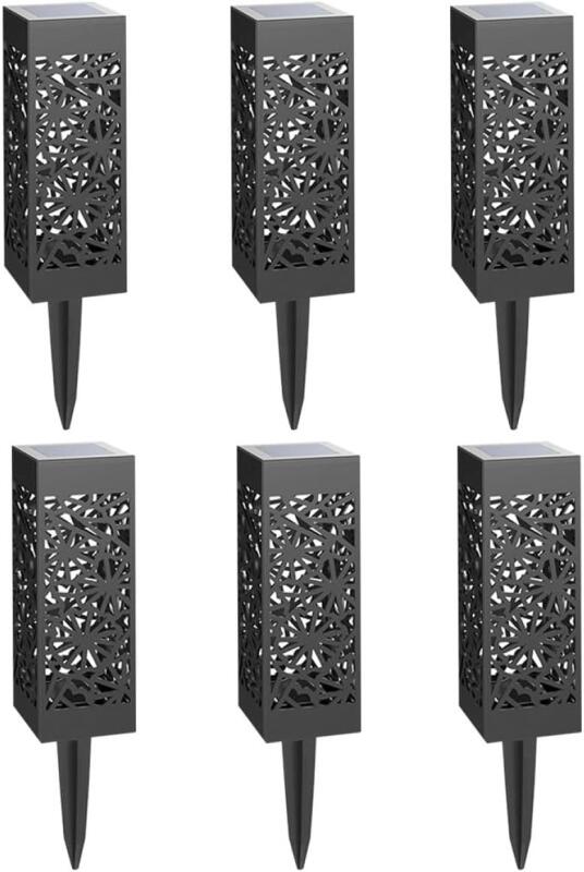 Zestaw 6 lamp solarnych zewnętrznych – wykonanych z tworzywa sztucznego – z białymi diodami LED – o wymiarach 6x6x29 cm, z gniazdem uziemiającym.