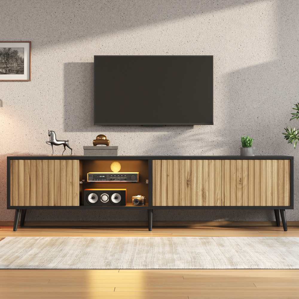 Szafka RTV LED 175 cm, drewno i czerń, 3 szafki, szkło hartowane, 6 nóg, do TV 75”, nowoczesna do salonu.