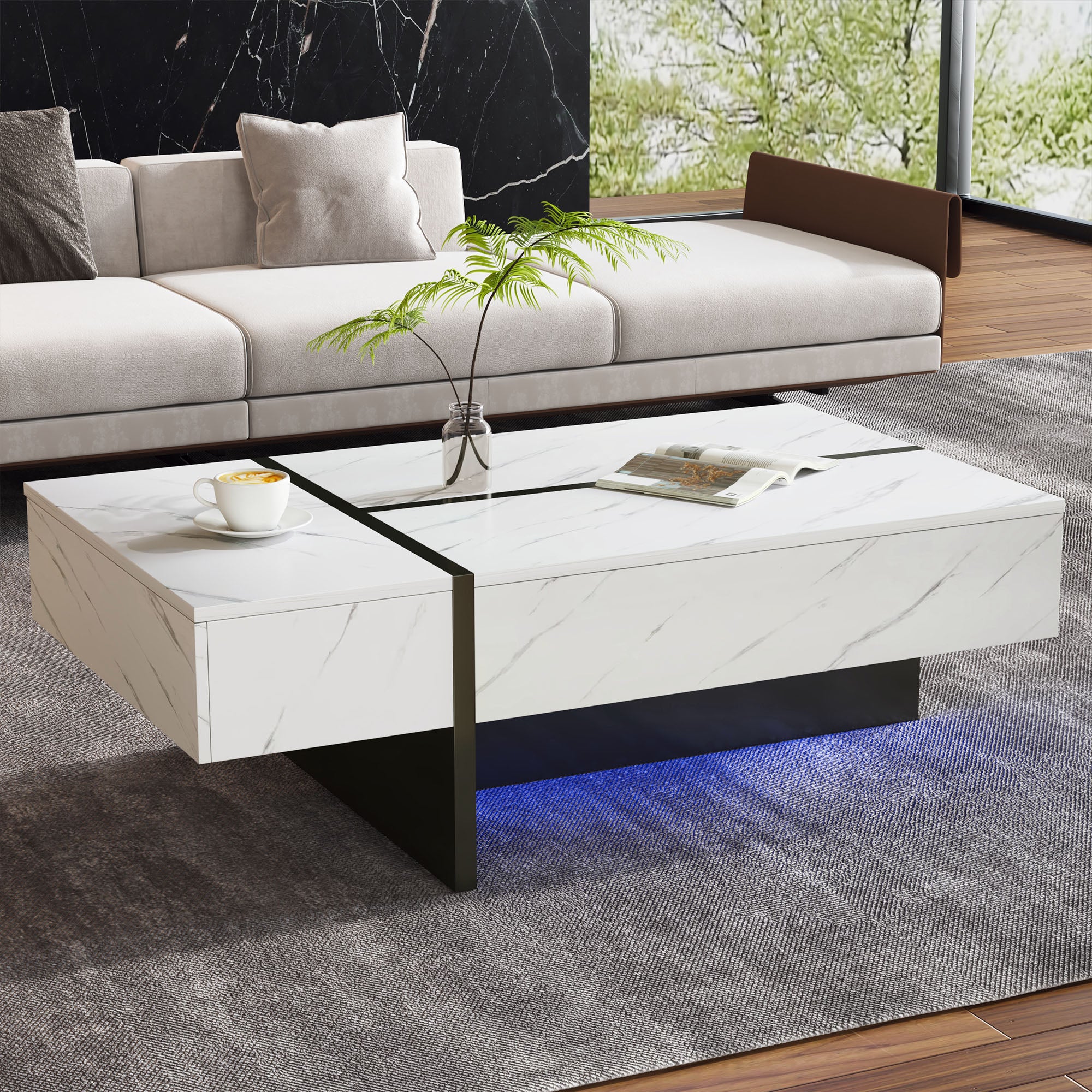 Biały stolik kawowy z 3 szufladami - 105 x 60 x 35 cm - diody LED - blat imitujący marmur - płyta wiórowa - biały