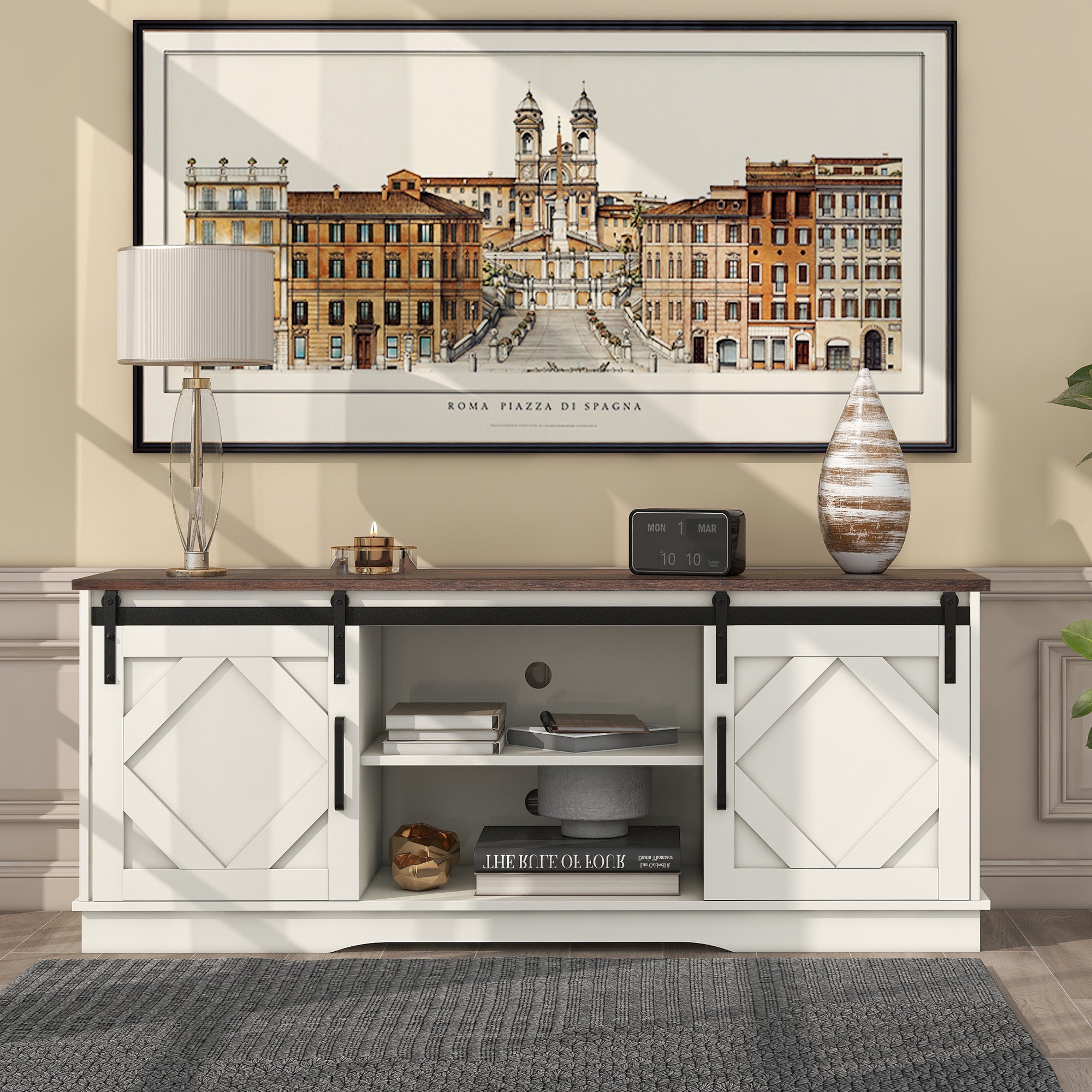 Stolik pod TV z 2 klasycznymi drzwiami przesuwnymi i regulowanymi półkami - 150 x 40 x 60 cm - Płyta wiórowa - Biały