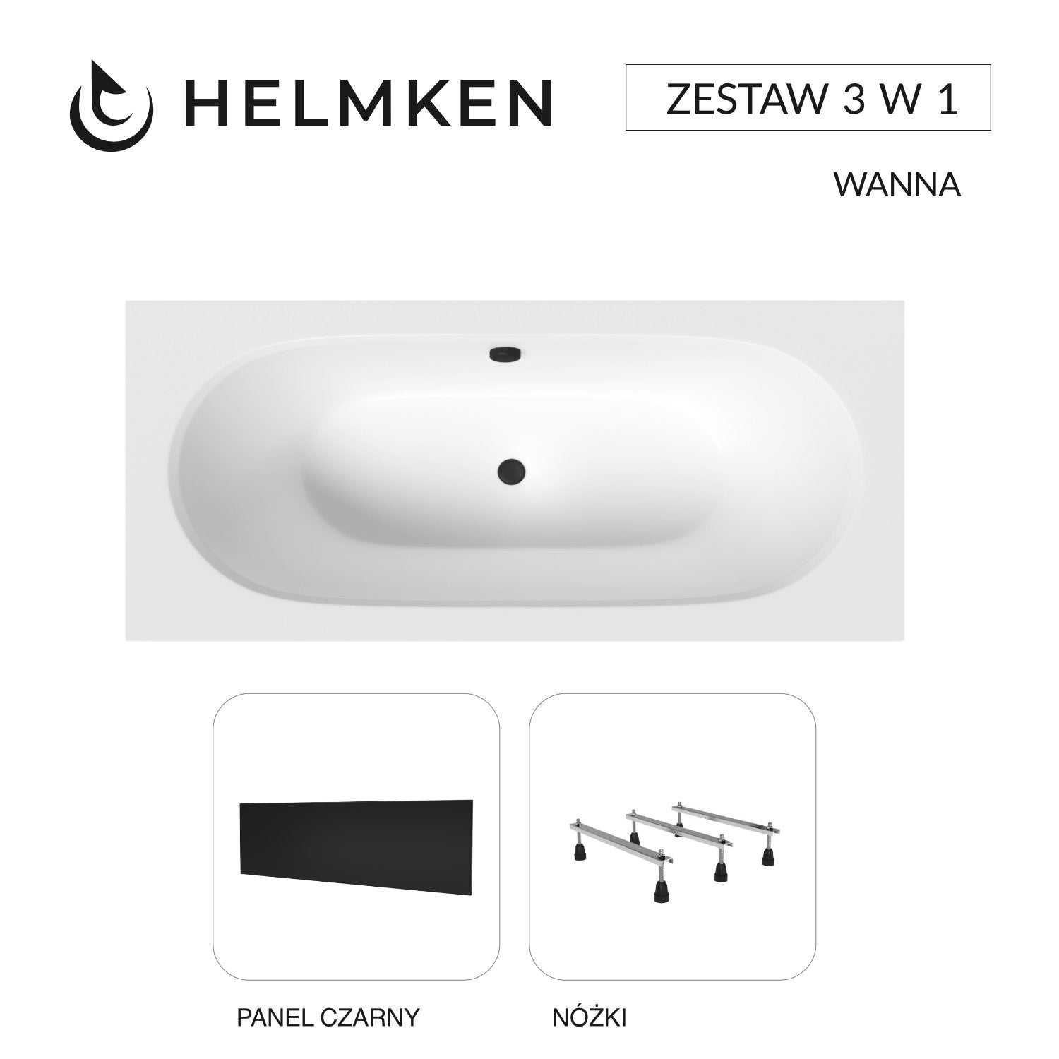 Wanna akrylowa Helmken Vienna 170 х 75 + Panel czarny + Nóżki / 23099003