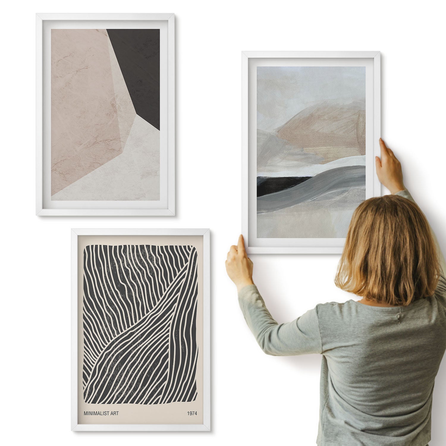 Galeria ścienna 3-częściowy komplet obrazów w białych ramach - Abstrakcyjne wzory w odcieniach beżu i szarości - ArtPrintCave