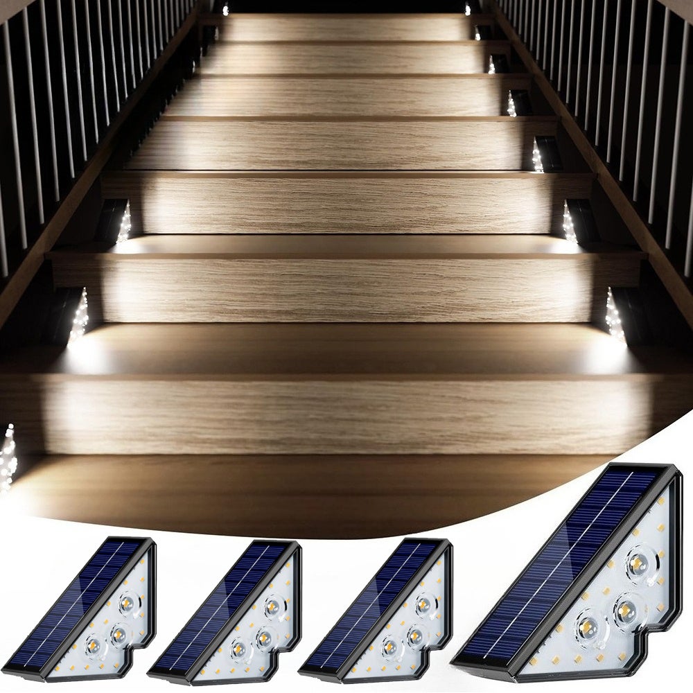 Zestaw 4 solarnych lamp schodowych, wodoodporne oświetlenie zewnętrzne LED białe, oświetlenie dekoracyjne na taras, werandę, okrągłą ścieżkę