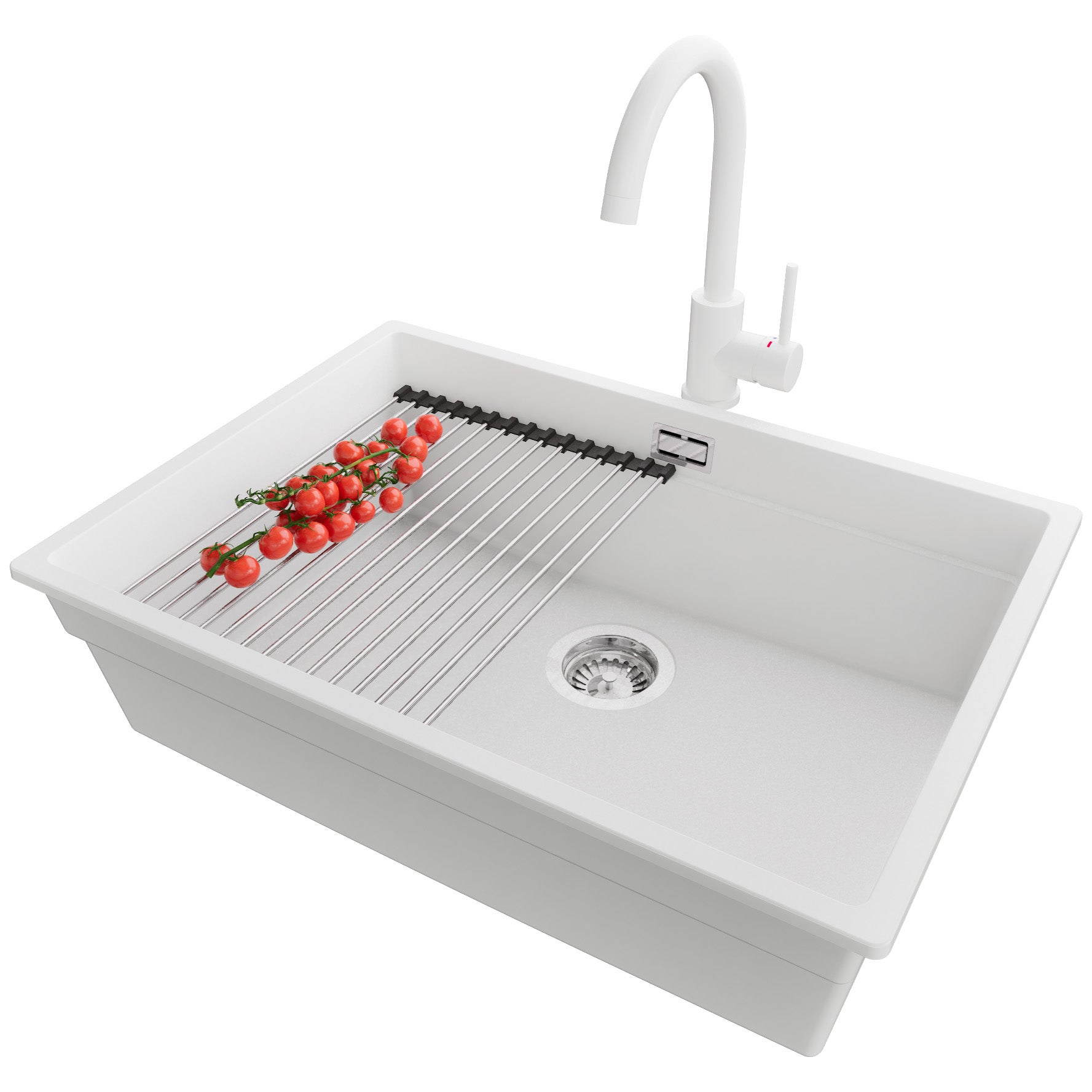 Zlewozmywak podblatowy Biały 66x47cm, Zlew Kuchenny 1 Komorowy + Bateria 32x20cm + Syfon + Zwijany ociekacz, do szafki od 70cm - Praga PRIMAGRAN