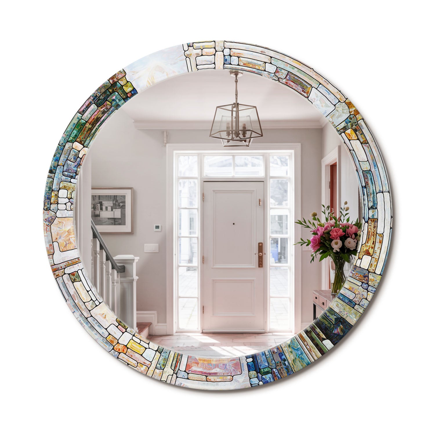 Lustro okrągłe do salonu z ozdobną ramą szklaną Witraż - 80 cm - ArtPrintCave