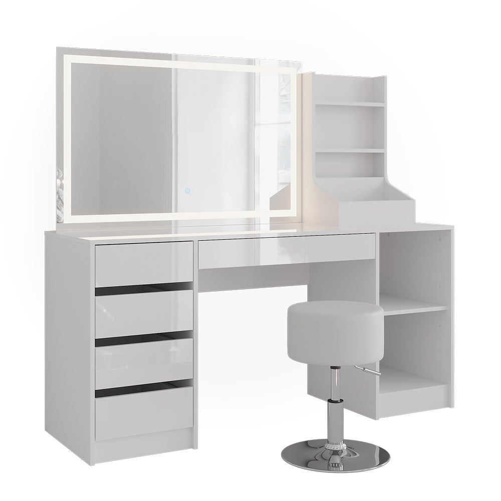 Vicco Stół do toalety Sherry, Biały/Biały wysoki połysk, 158.2 cm z lustrem LED i stołkiem