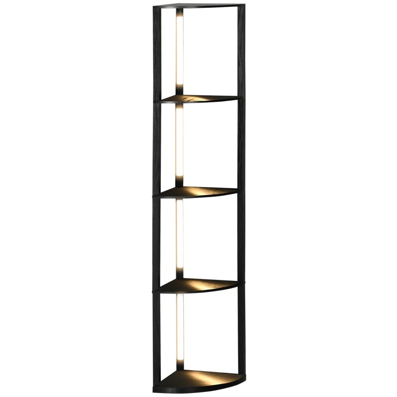 Czarna lampa podłogowa LED z 4 półkami, gniazdo E27, 24W, 3 kolory światła, idealna do salonu lub sypialni.