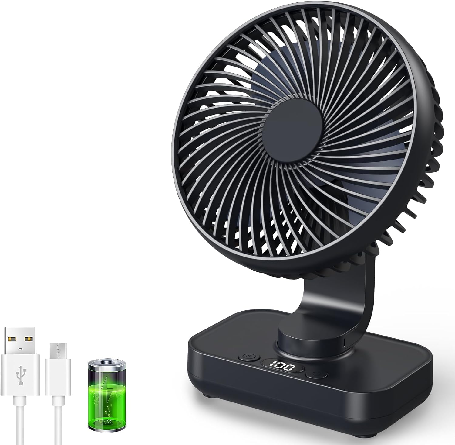 Wentylator stołowy USB, cichy, 4 prędkości, wyświetlacz cyfrowy, szybkie ładowanie, przenośny do domu, biura, sypialni i na zewnątrz (czarny)
