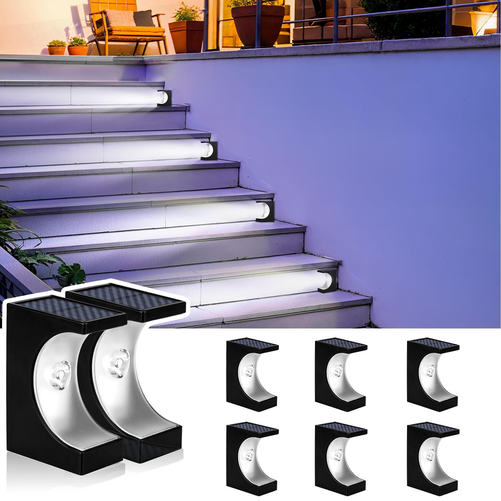8 szt. solarnych lamp schodowych, wodoszczelne oświetlenie schodów IP65 do ścieżki, automatyczne od zmierzchu do świtu, białe światło