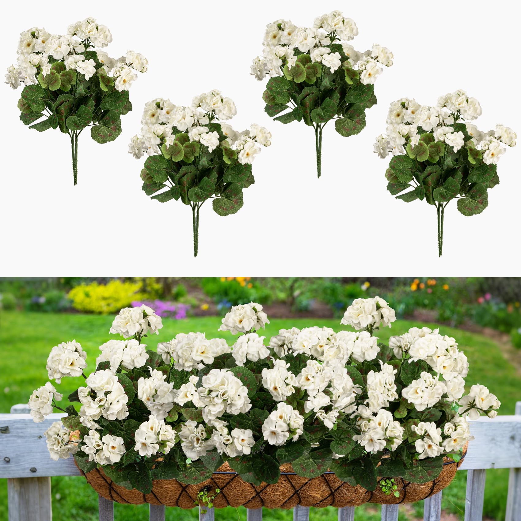 Zestaw 8 sztucznych pelargonii, odpornych na promieniowanie UV, do dekoracji zewnętrznych, ogrodu, balkonu, dziedzińca, ganku, wiosna-lato, biały