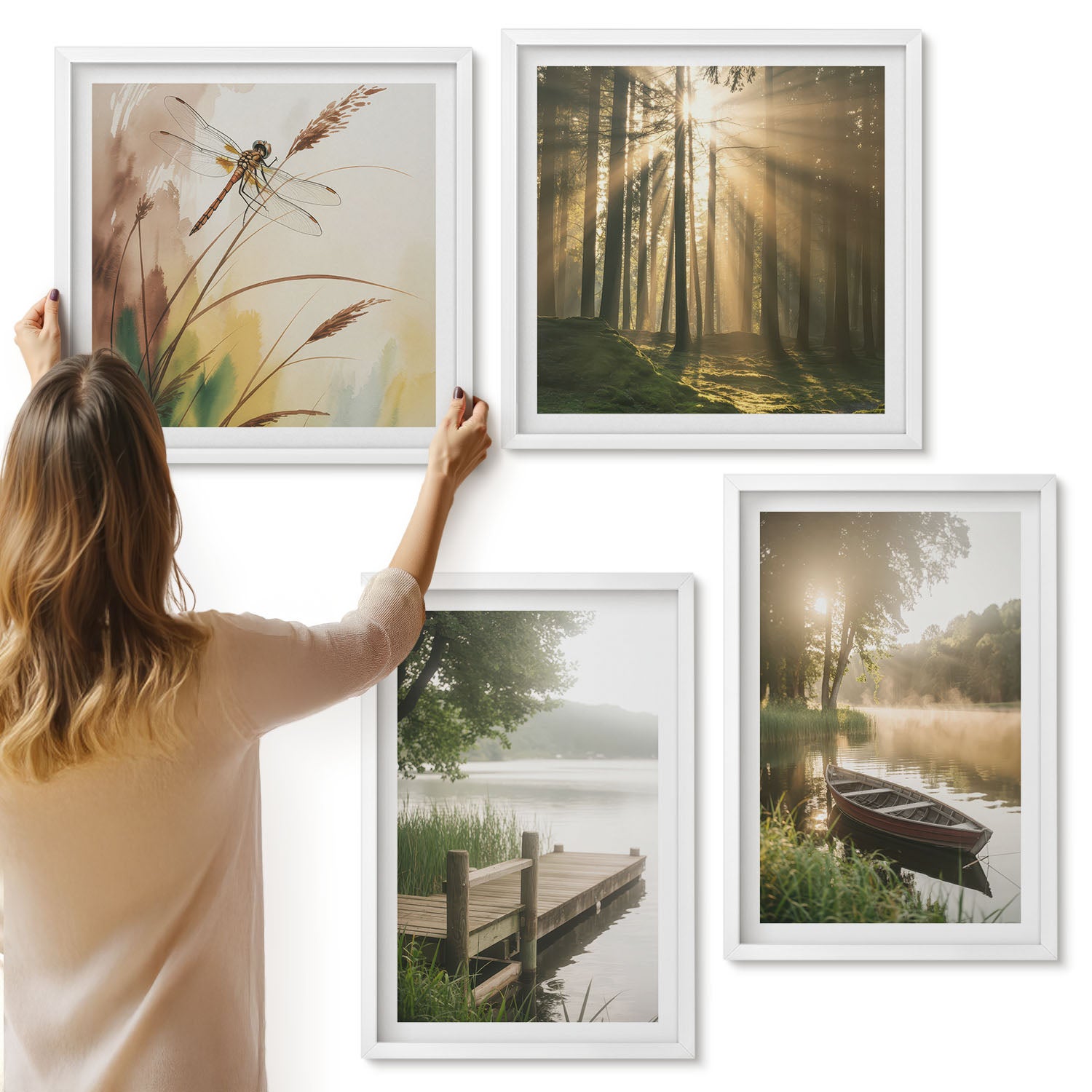 Galeria ścienna 4-częściowy komplet obrazów w białych ramach - Spokojne jezioro las i łódka w porannej mgle - ArtPrintCave