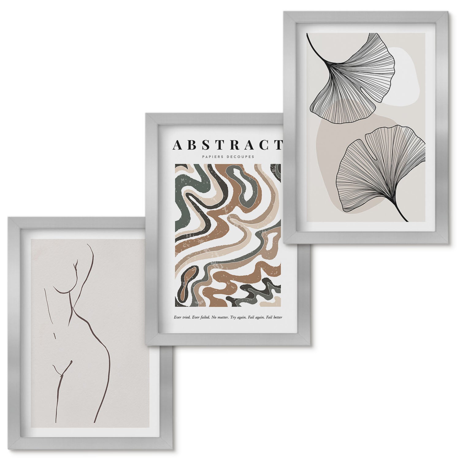 Zestaw obrazów w ramie - 3 części | Abstrakcyjny poster kobiece kształty liście styl boho | Srebrna ramka