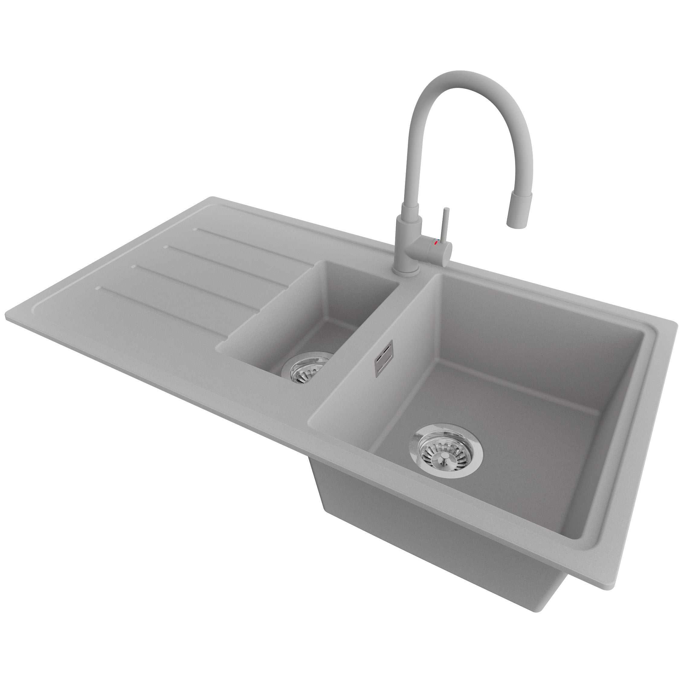 Zlewozmywak Granitowy Szary 90x50cm, Zlew Kuchenny 1,5 Komorowy + Bateria 38x14cm + Syfon, Nablatowy do Szafki od 60cm - Kopenhaga Duo PRIMAGRAN