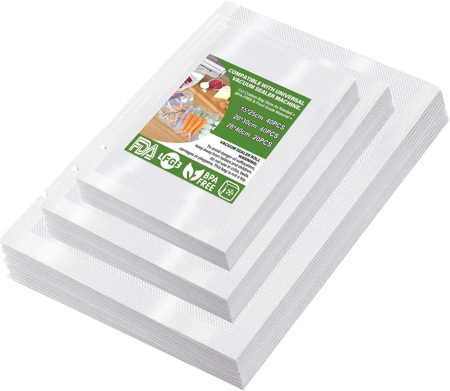 100 torebek do pakowania próżniowego żywności (15 x 25 cm - 40 szt., 20 x 30 cm - 40 szt., 28 x 40 cm - 20 szt.), wytłaczane torebki do pakowania próż
