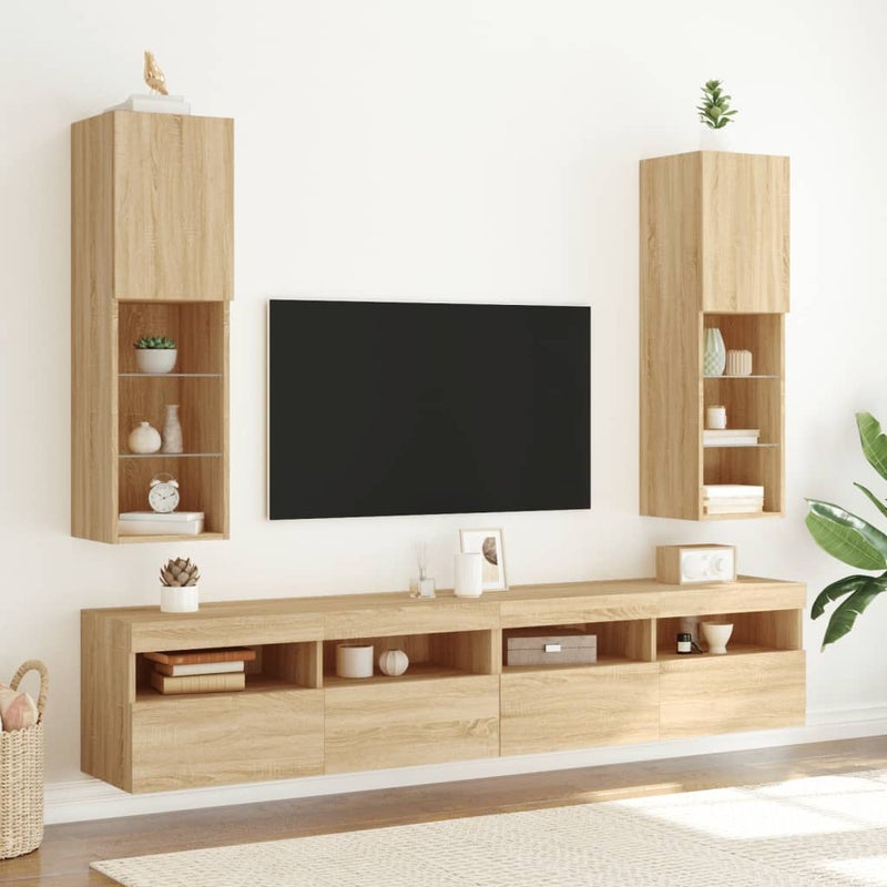 Szafki TV, z LED, 2 szt., dąb sonoma, 30,5x30x102 cm