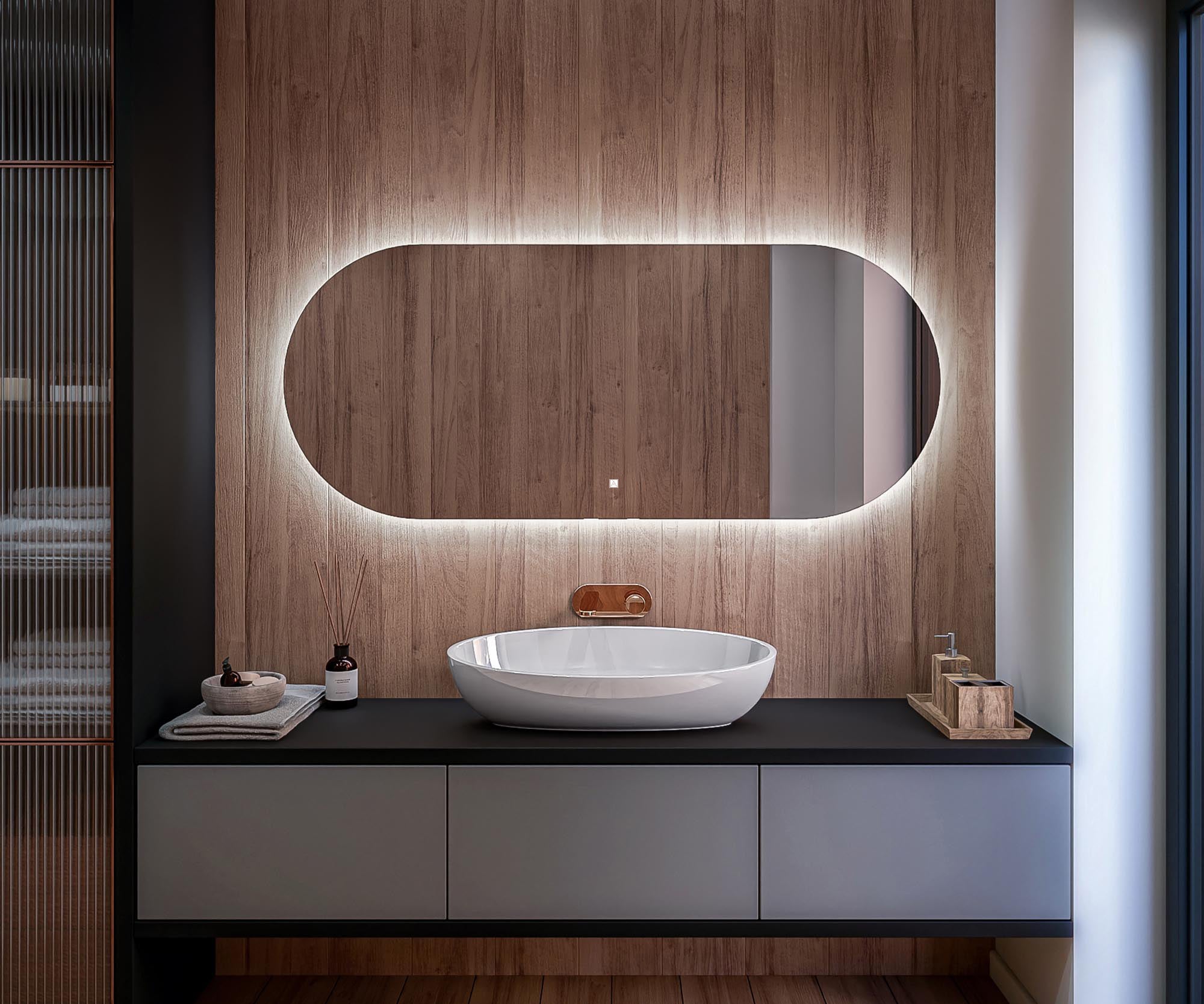 Lustro z podświetleniem LED do łazienki (140x60 cm) Lustro z podświetleniem LED (TST107) Przełącznik dotykowy