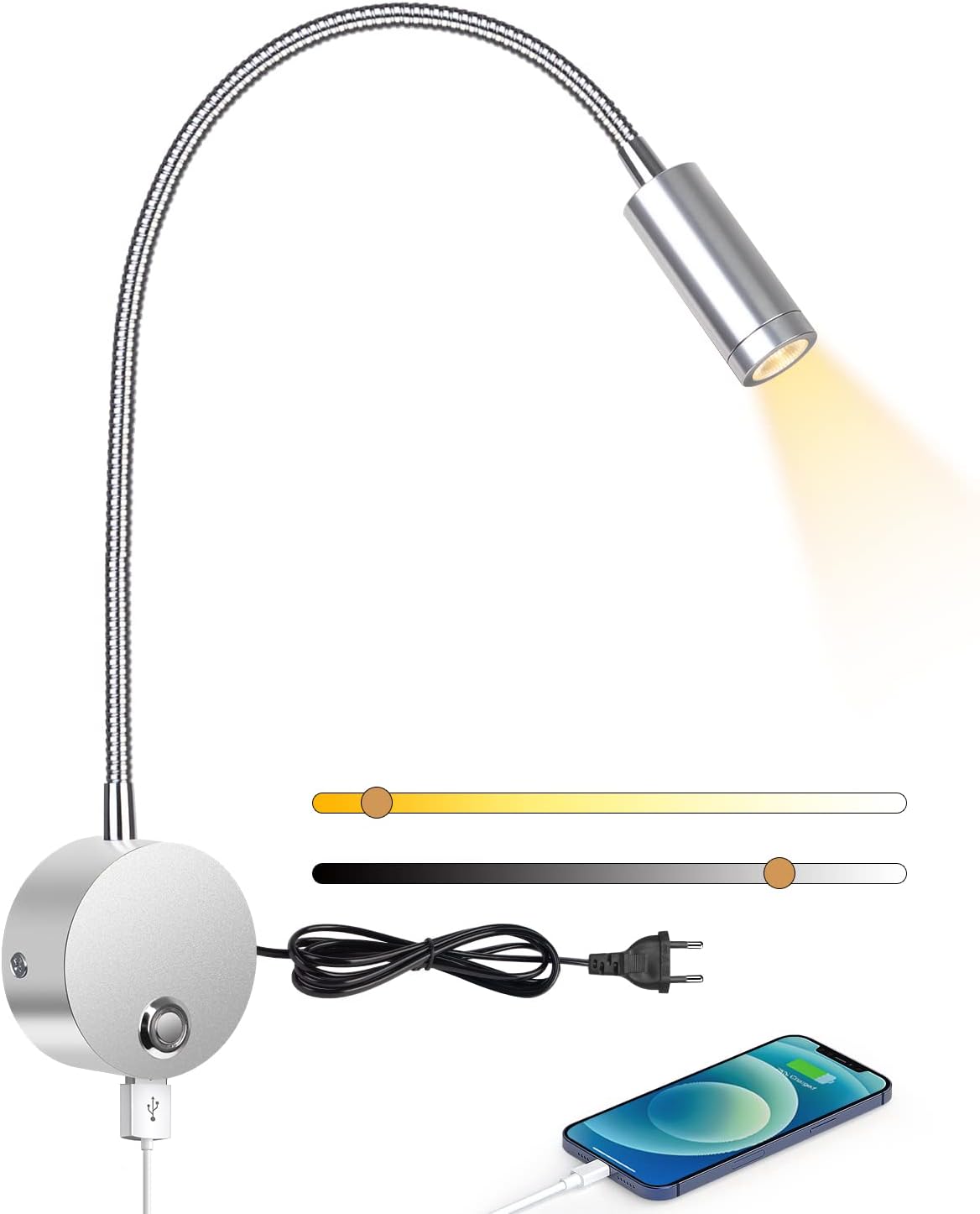 Srebrna, montowana na ścianie lampka do czytania, lampka nocna LED 3W z przyciemnianym włącznikiem dotykowym i portem ładowania USB, obrotowa o 360°