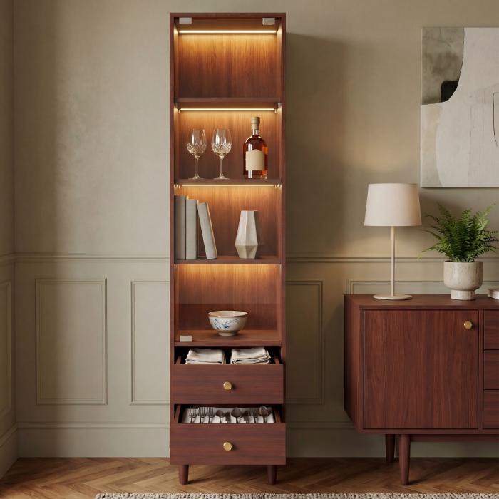 Wysoka witryna z oświetleniem LED – nowoczesna biblioteczka ze szklanymi drzwiami, 2 szuflady, styl retro – 165×40×35 cm – do salonu lub biura