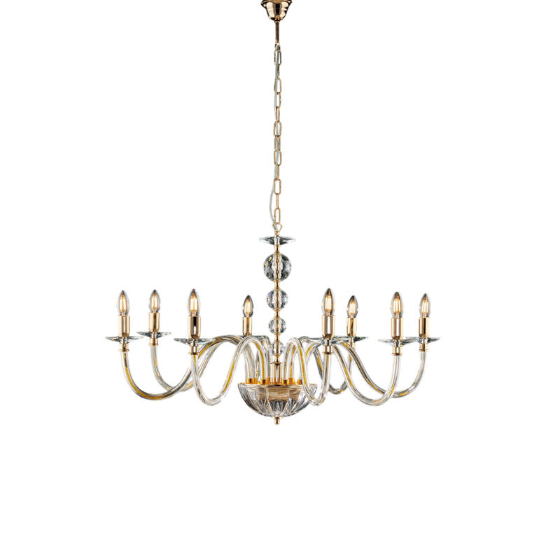 Lampadario in oro con vetro trasparente e strass 8 luci H.56 - MAX 116 - Ø96