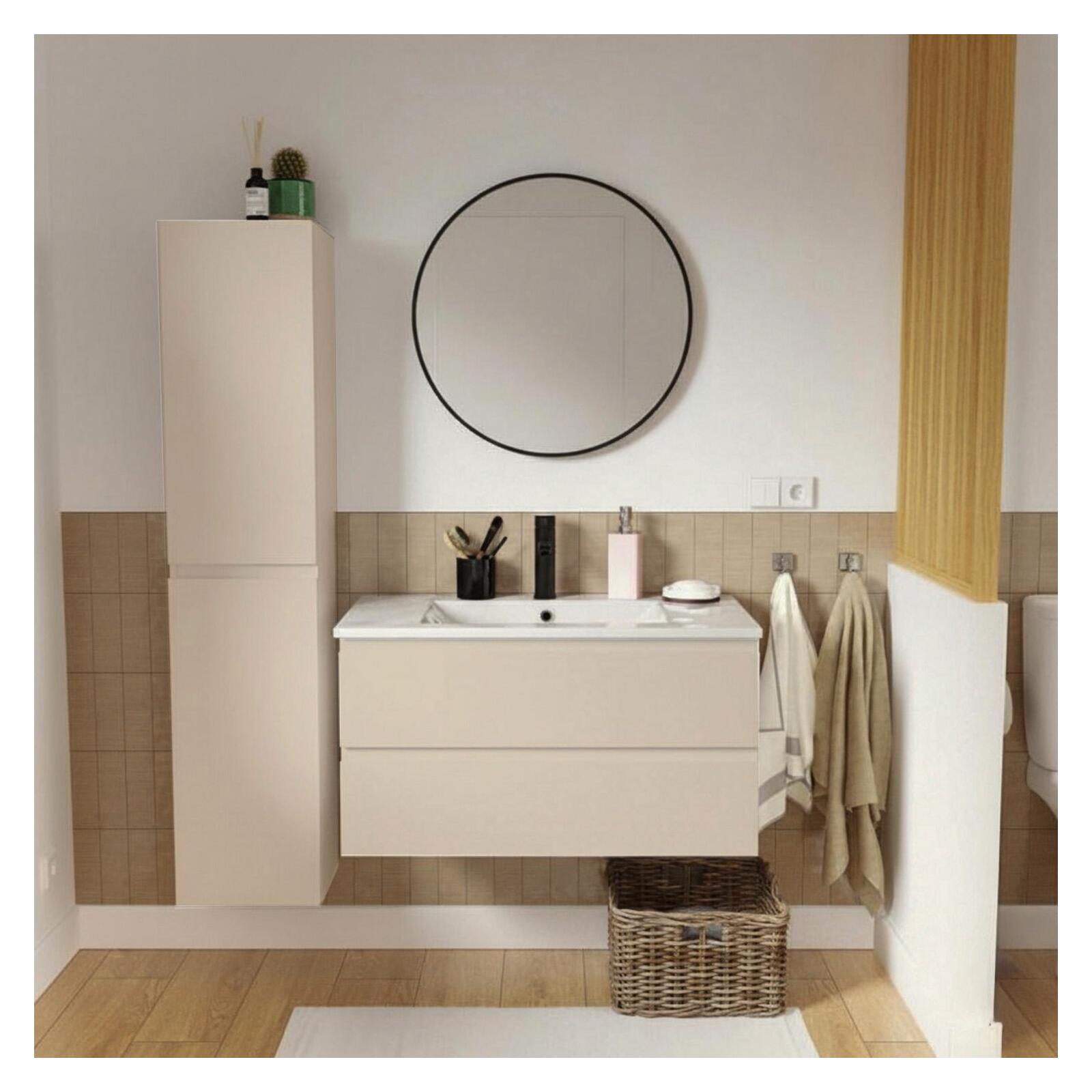 Szafka pod umywalkę 80 cm z ceramicznym blatem, baterią, lustrem i kolumną SORRENTO
