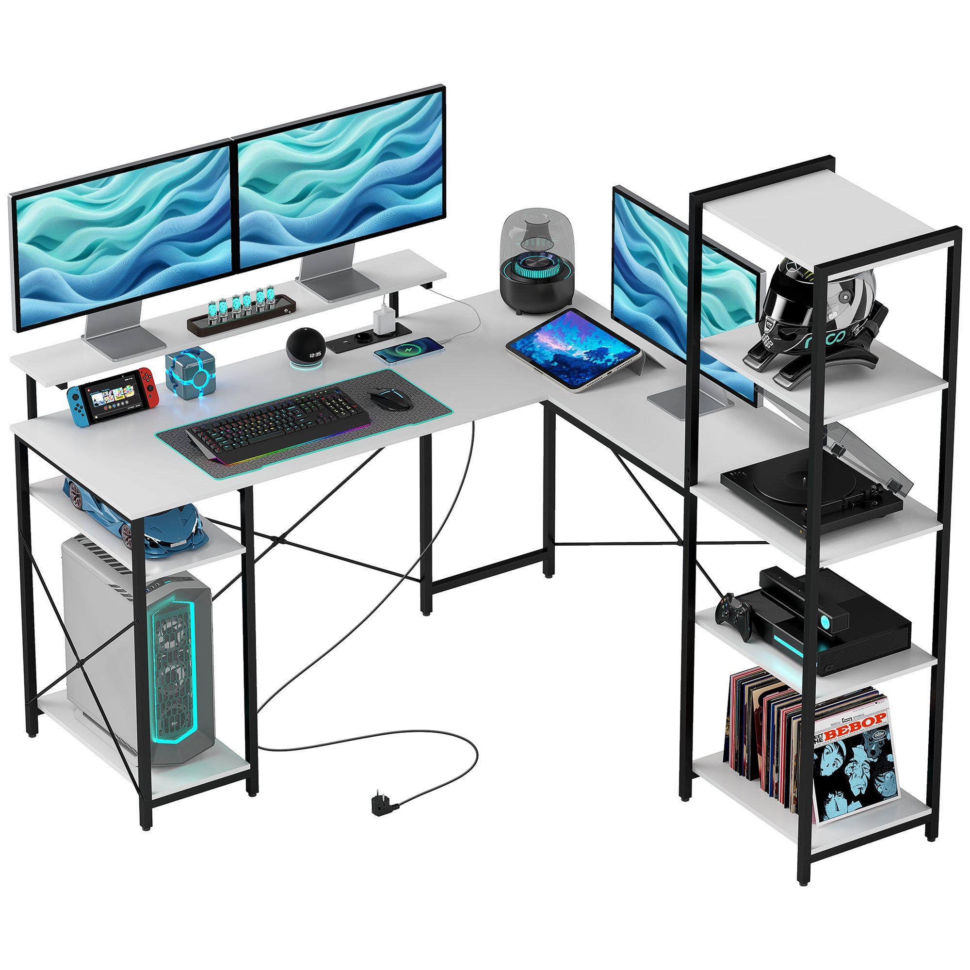 Biurko narożne z gniazdkiem elektrycznym i portem USB, półką i podstawą pod monitor, czarno-białe
