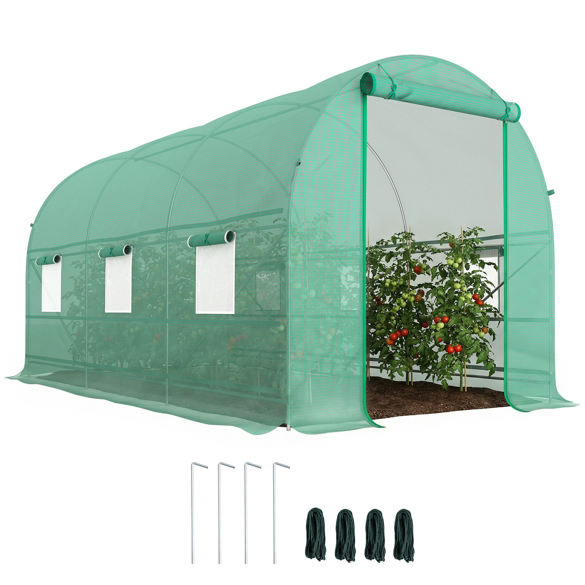 ogrógł. szklarnia tunelowa 8 m², ogrógł. szklarnia tunelowa z drzwiami i 6 okna, PE tarpaulin 140 g/m² 400 x 200 x 200 cm zielony