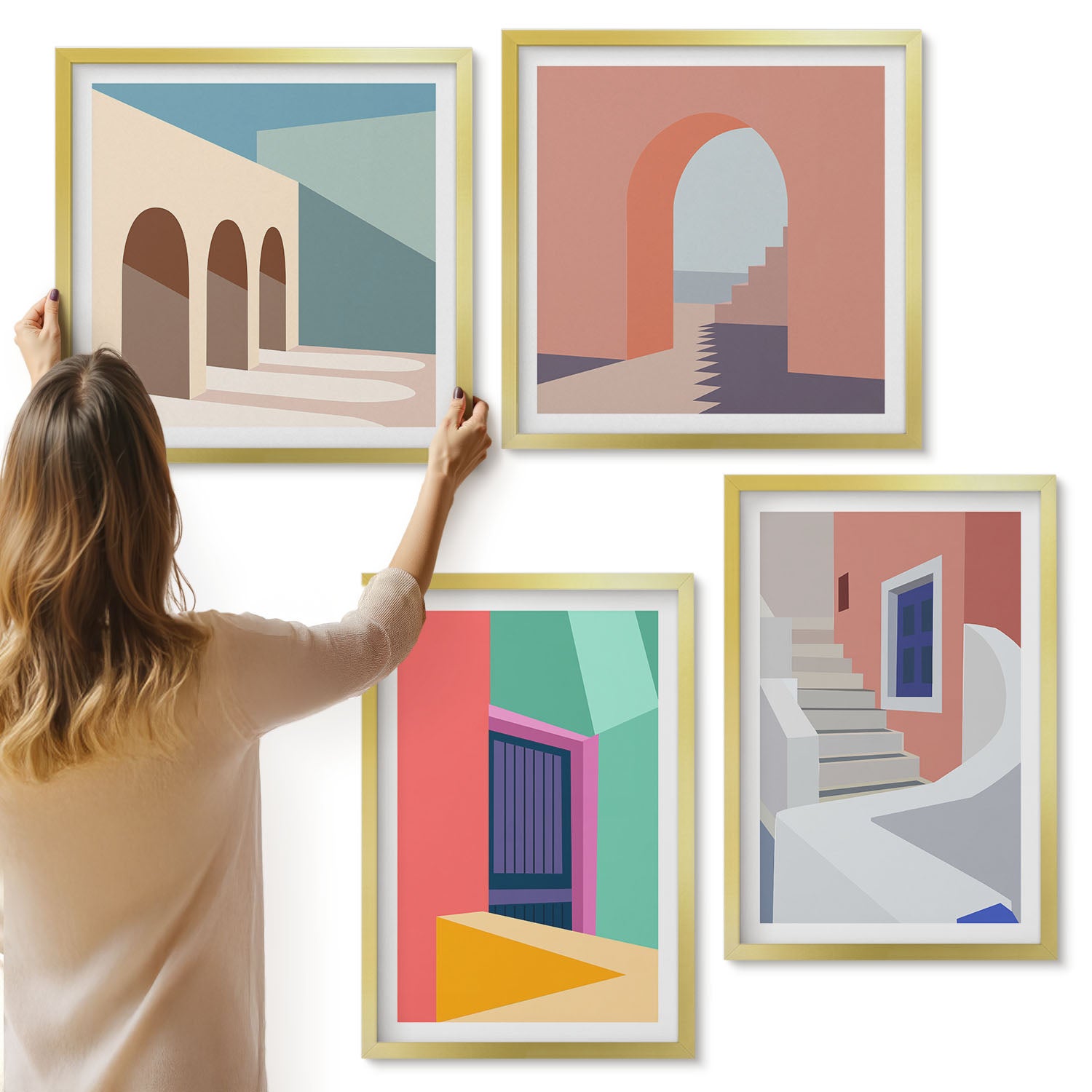 Galeria ścienna 4-częściowy komplet obrazów w złotych ramach - Kolorowe ilustracje budynków w stylu nowoczesnym - ArtPrintCave