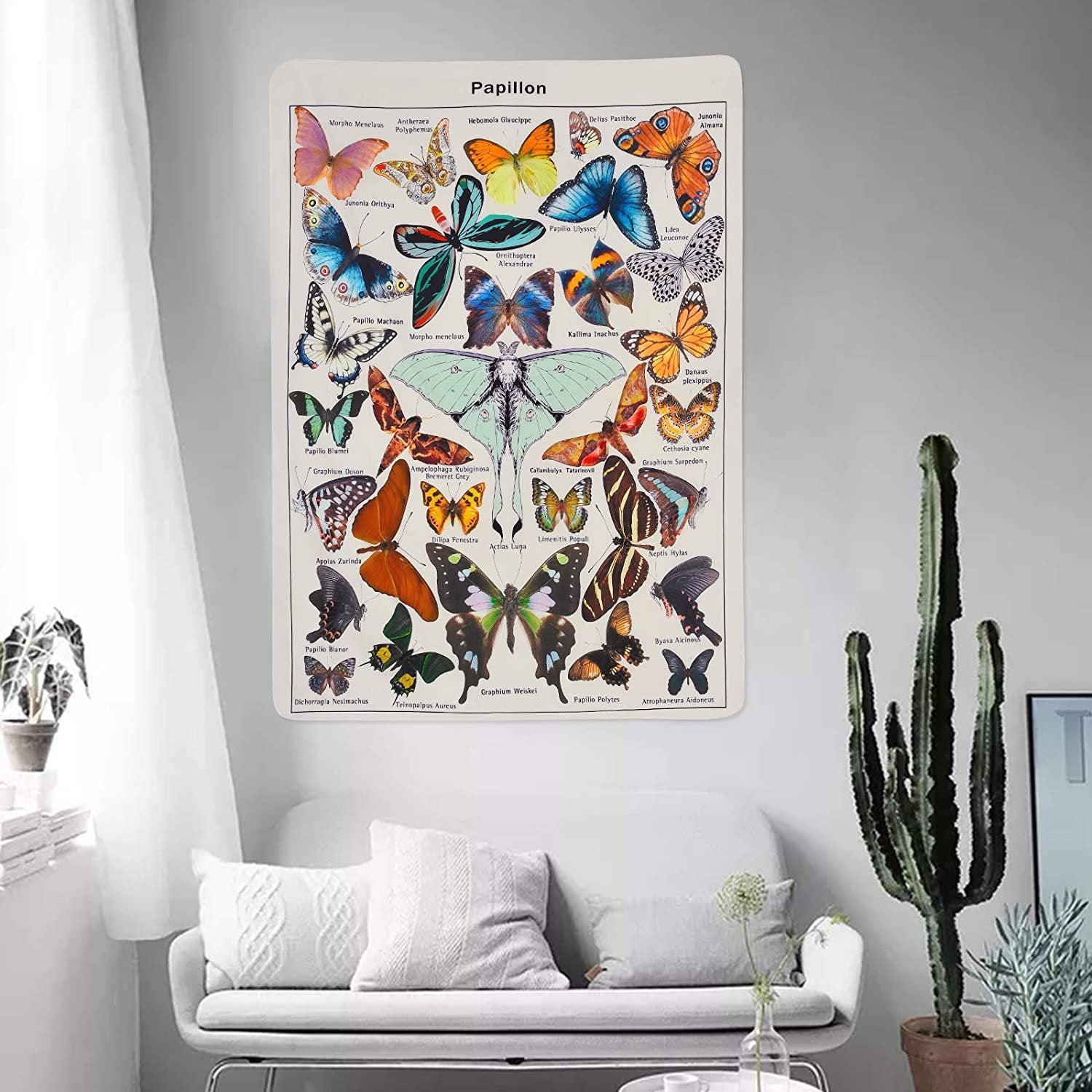 130x150 cm, boho, mandala z motylami, do powieszenia na ścianie, jako dekoracja do domu, salonu, sypialni lub akademika (C)
