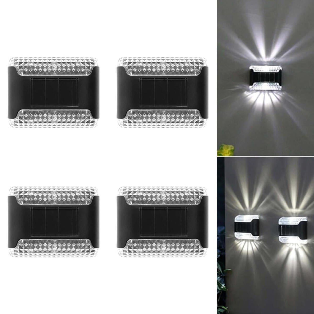 Lampy solarne zewnętrzne, 4 sztuki, stopień ochrony IP44, zasilane energią słoneczną, zewnętrzne lampy ścienne, białe światło.