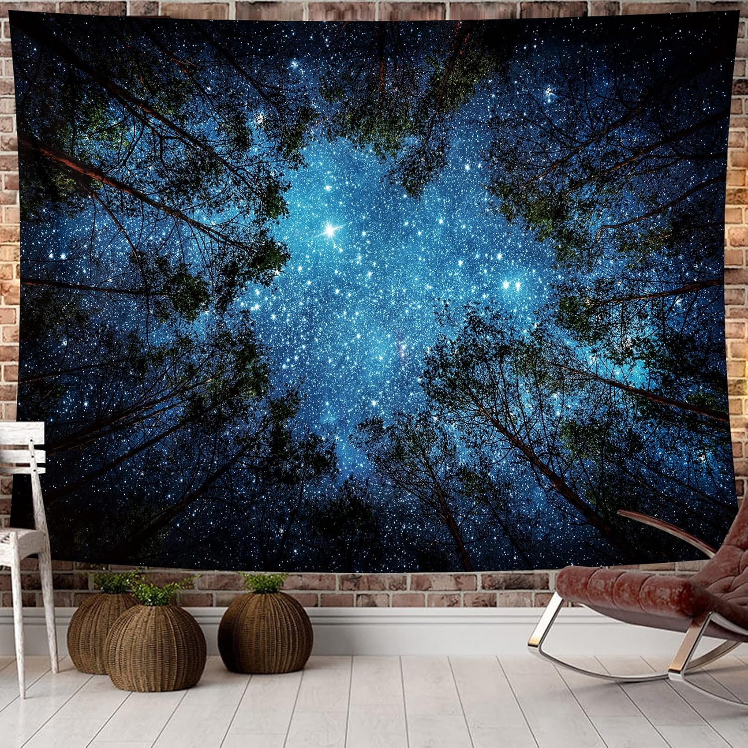 Tajemniczy gobelin z gwiaździstym lasem, psychodeliczna dekoracja ścienna, nadruk z motywem leśnego drzewa, 150x130 cm