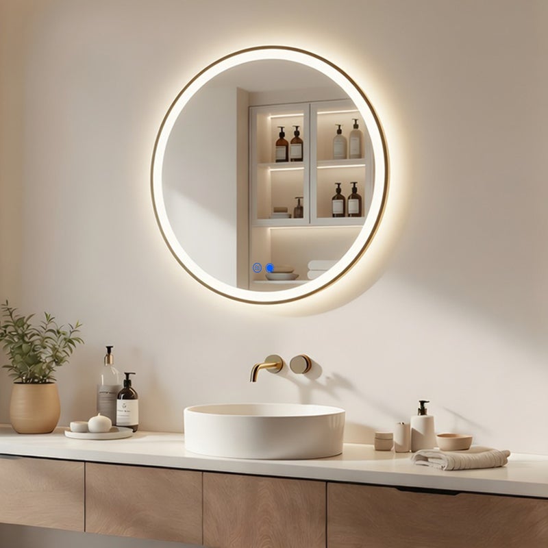 Lustro LED łazienkowe okrągłe 60x60 cm ARTFORMA – podświetlane, 3 barwy światła, dotykowe, antyzaparowe, rama złoty szczotkowany